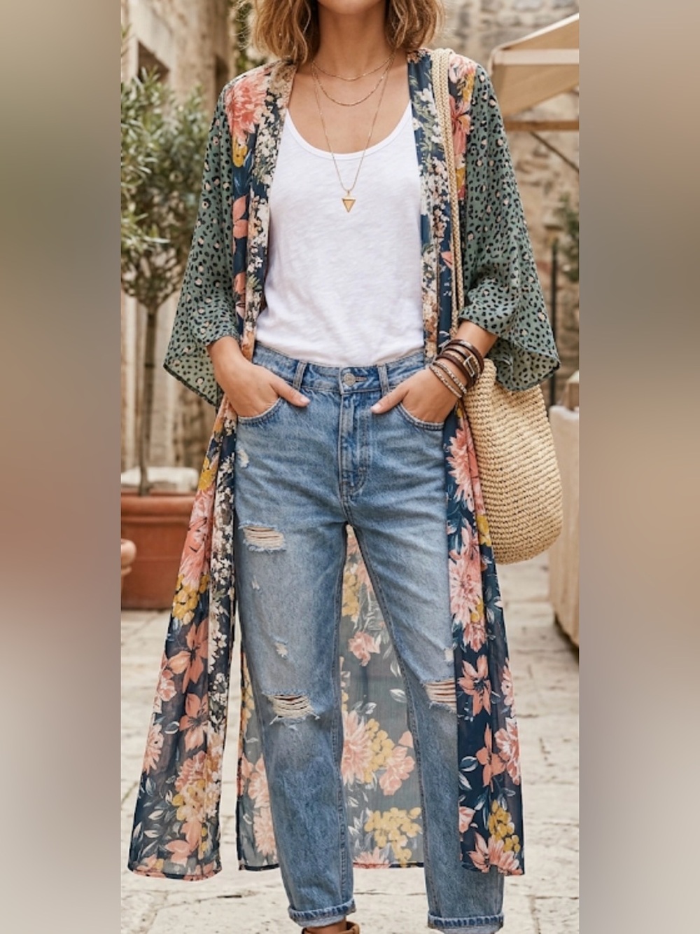 Umgee Navy Floral Kimono with Green Leopard-Print Sleeves boho beachy cottage